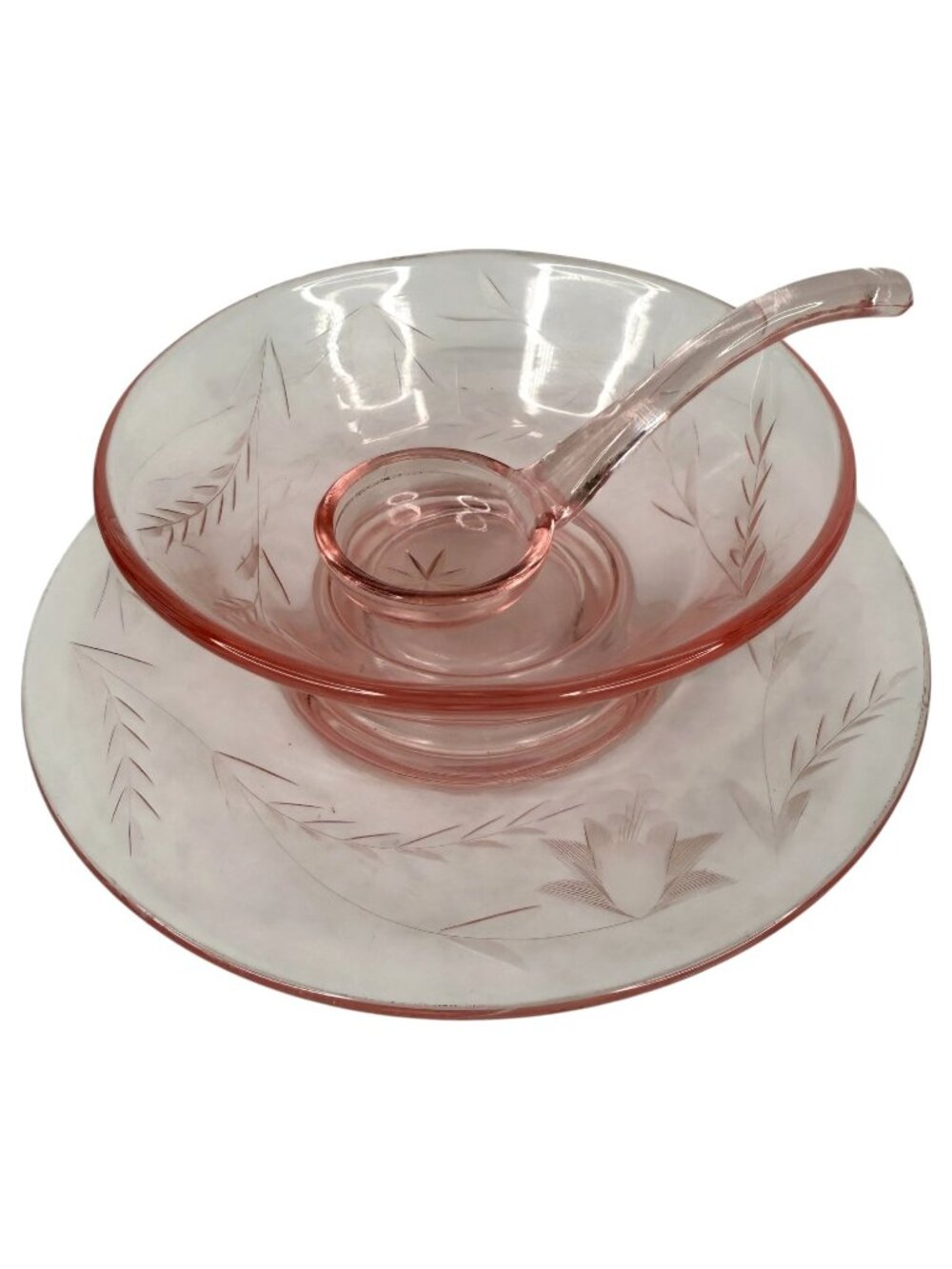 Pink Depression Glass 3 Piece Mayonnaise Set Etched‎ Glass Bowl Plate Ladle